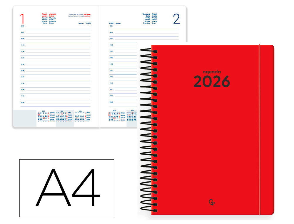 AGENDA ESPIRAL LIDERPAPEL CLASSIC A4 2026 DIA PAGINA ROJO PAPEL 70 GR FSC