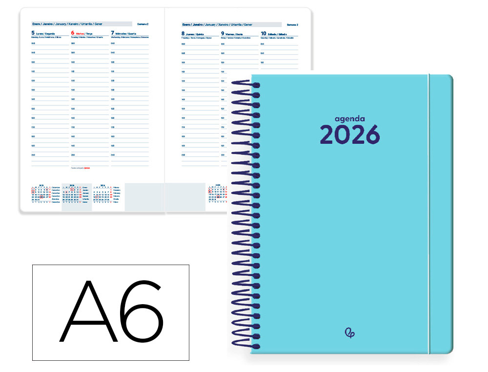 AGENDA ESPIRAL LIDERPAPEL CLASSIC A6 2026 SEMANA VISTA AZUL CLARO PAPEL 70 GR FSC