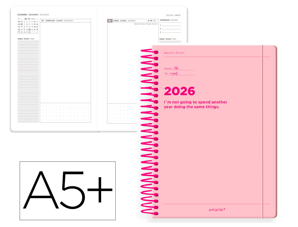 AGENDA ESPIRAL ANTARTIK MANIFEST A5+ 2026 DA PGINA ROSA PAPEL 80G FSC