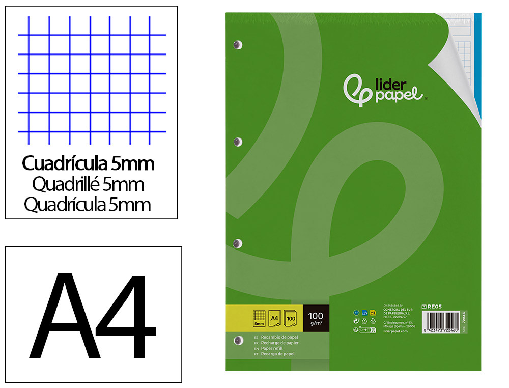 RECAMBIO LIDERPAPEL A4 100 HOJAS 100GR CUADRO 5MM 4 TALADROS BANDAS DE 5 COLORES
